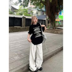 批发精梳纯棉200克纯棉<b class='q'>短袖</b>宽松落肩印花T恤夏季上衣设计感小众