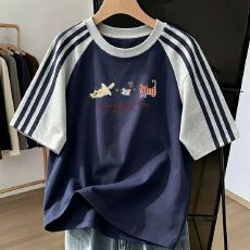 批发纯棉230克纯棉<b class='q'>短袖</b>230克插肩拼色牛角袖三条杠八分杠宽松印花