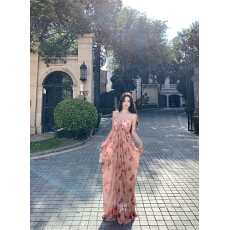 批发法式玫瑰印花气质扎染抹胸连衣裙女性感纯欲修身度假风鱼尾长裙子