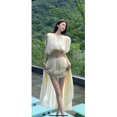 批发杏色圆领露腰上衣+长款A字半身裙套装女春新款温柔风两件套