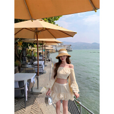 批发【精灵的常服】名媛风两件套喇叭袖一字上衣连衣裙女半身裙短款