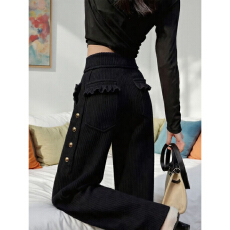 批发大码女装高腰显瘦黑色加绒阔腿裤冬季时尚慵懒小众复古风垂感长裤