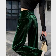 批发<b class='q'>大码</b>女装墨绿色加绒弯刀裤冬季款韩系垂感宽松高腰阔腿裤休闲长裤