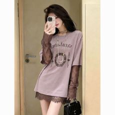 批发印花蕾丝拼接<b class='q'>长袖</b>T恤女夏季<b class='q'>大码</b>宽松300斤显瘦松弛感假两件上衣潮