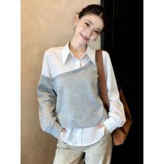 批发灰色假两件衬衫女2026新款早春<b class='q'>大码</b>胖mm显瘦遮肚正肩气质独特上衣