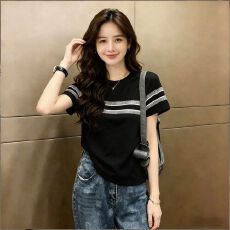 纯棉潮牌正肩短袖T恤女夏季新款洋气条纹体恤衫显瘦气质减龄上衣