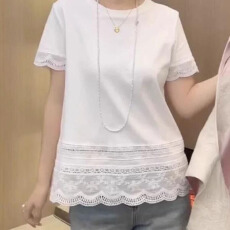 批发纯棉蕾丝花边正肩短袖t恤大码夏季2026年新款胖mm高级感<b class='q'>白色</b>上衣