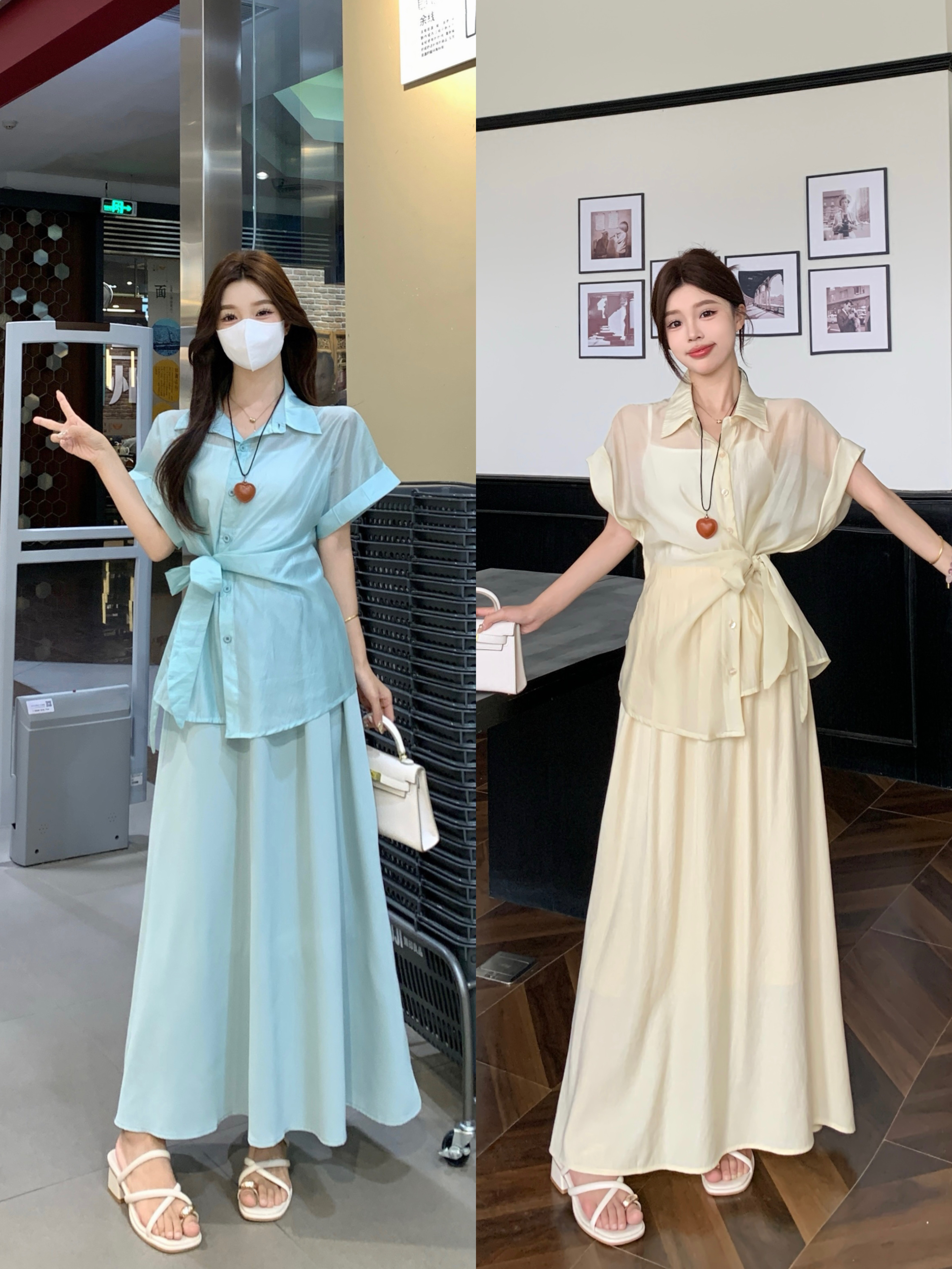 FA35489# 大码法式围裹式系绑收腰衬衣女夏季显瘦半身裙套装 服裝批發女裝批發服飾貨源