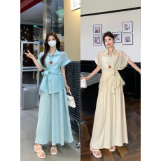 批发实拍大码 法式围裹式系绑收腰衬衣女夏季显瘦半身裙套装