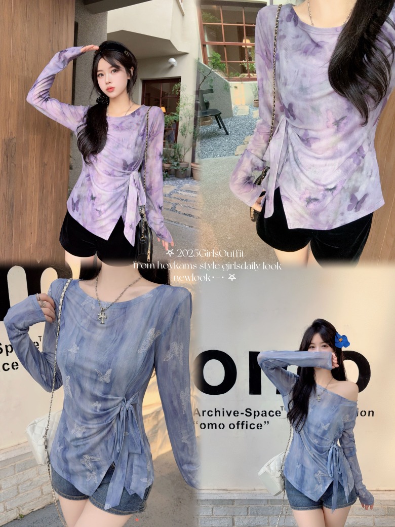 FA35487# 网纱夏季新款不规则长袖t恤圆领薄款防晒罩衫扎染上衣女 服裝批發女裝批發服飾貨源