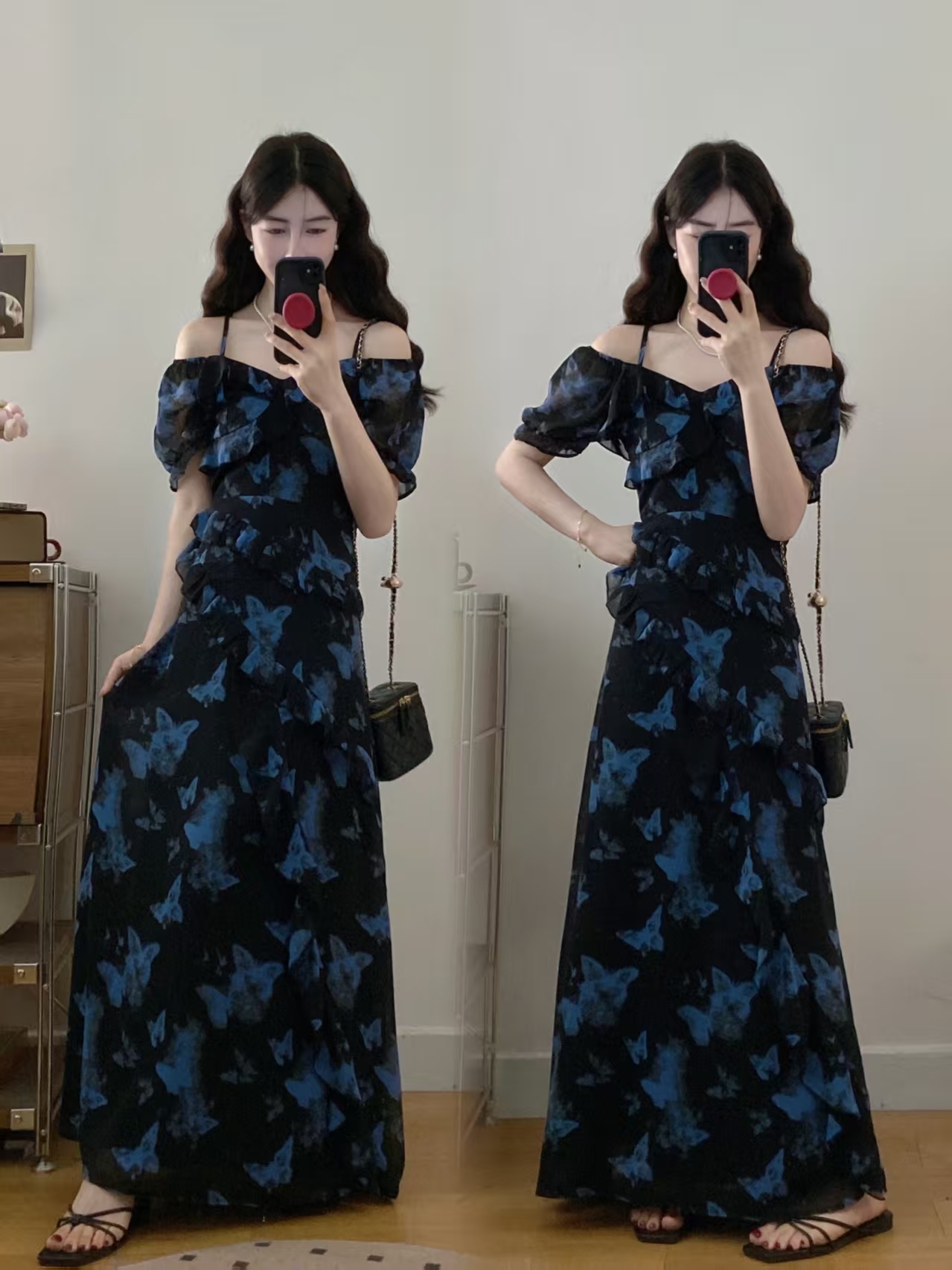 FA35481# 大码夏季不规则印花蝴蝶碎花连衣裙掐腰显瘦长裙 服裝批發女裝批發服飾貨源