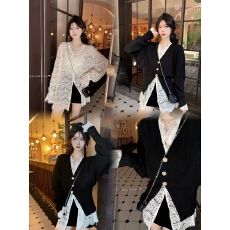 批发实拍大码 气质两件套ootd蕾丝衫叠穿V领开叉针织衫女<b class='q'>秋</b>冬新款套装