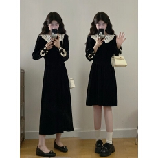 批发大码赫本千金风撞色蕾丝拼接丝绒连衣裙收腰长袖小黑裙生日礼裙