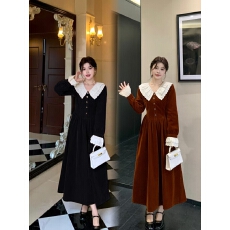 批发实拍大码 胖妹妹妹系富家千金风丝绒蕾丝花边领显瘦长连衣裙