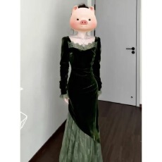 批发翡冷翠复古浪漫蕾丝拼接设计感人丝丝绒连衣裙