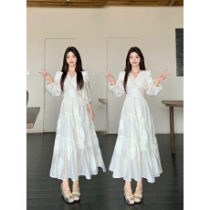 批发实拍大码 法式气质仙女<b class='q'>连衣裙</b>夏季新款新中式灯笼袖收腰大摆长裙