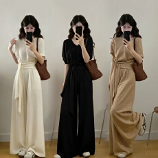 批发实拍大码 夏季<b class='q'>新款</b>气质绑带收腰时尚套<b class='q'>装</b>显瘦针织上衣+阔腿拖地<b class='q'>裤</b>