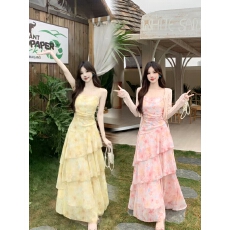 批发实拍大码荷叶边印花连衣裙<b class='q'>不规则</b>鱼尾裙子碎花吊带连衣裙蛋糕裙