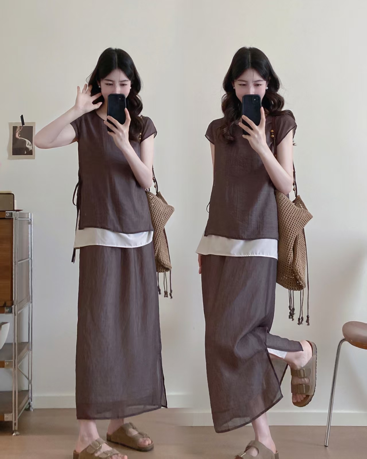 BY28416# 大码夏季新款设计感假两件短袖系带上衣+半身裙两件套潮 服裝批發女裝批發服飾貨源