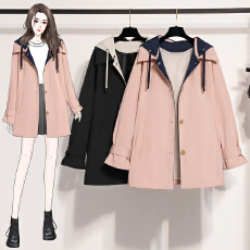 批发韩系风衣中长款连帽撞色拼接外套女新款大码胖mm休闲防水冲锋衣