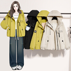批发高级感连帽工装风衣外套甜酷冲锋衣<b class='q'>春</b>秋胖mm宽松版显瘦防风衣
