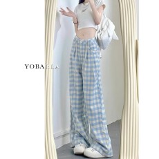 批发内包边 蓝色格子休闲裤女新款<b class='q'>大码</b>宽松显瘦阔腿裤子