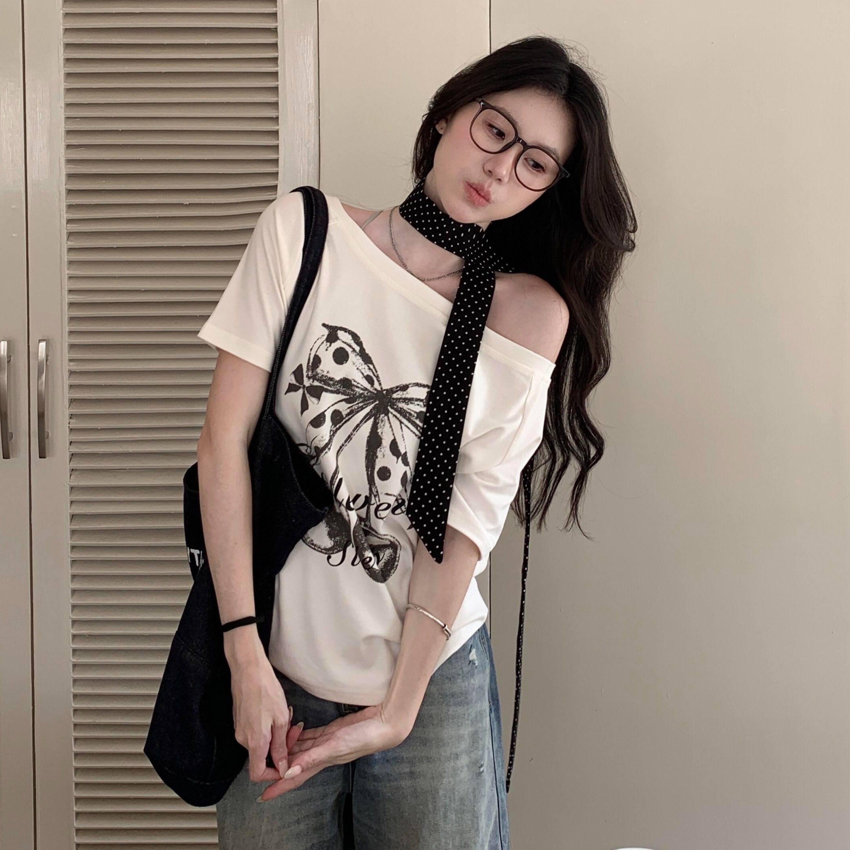 RY4715# 美式辣妹斜肩字母印花短袖T恤女