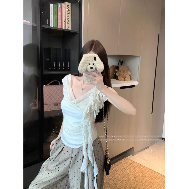 RY4714# 天丝螺纹荷叶边米色荡领无袖T恤女夏褶皱修身收腰温柔上衣