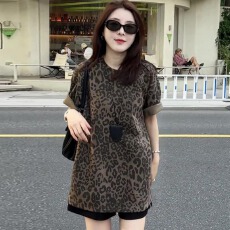 批发复古豹纹圆领短袖女t恤2025新款夏季宽松百搭显瘦<b class='q'>中长款</b>半袖上衣