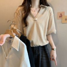 批发实拍35棉POLO领短款短袖T恤女春季2025新款T恤上衣POLO衫