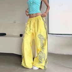 批发纯棉印花美式复古<b class='q'>街头</b>休闲风印花阔腿裤女宽松显瘦灰色直筒裤