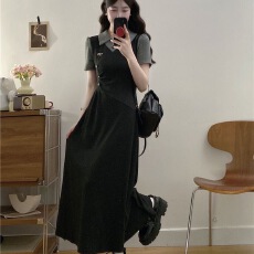 批发法式假两件Polo领短袖连衣裙2026夏新款大码胖mm收腰显瘦气质长裙