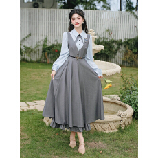 批发<b class='q'>春</b>季复古文艺学院风双层假两件背心裙中学生衬衫修身甜美连衣裙子