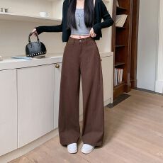 批发实拍实价~美拉德咖色休闲直筒牛仔裤<b class='q'>女</b>美式高腰宽松显瘦阔腿长裤