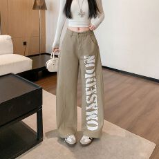 批发实拍实价~美式复古辣妹设计感印花工装裤<b class='q'>女</b>春季宽松休闲阔腿长裤