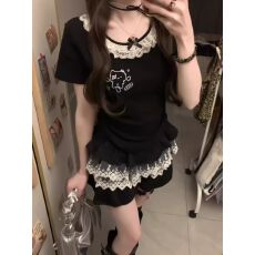 批发少女风夏亚文化女夏季两件套装蝴蝶结蕾丝花边修身短袖甜酷蛋糕裙