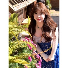 批发高级感克莱因蓝碎花蕾丝吊带<b class='q'>长裙</b>大码胖mm法式度假风氛围感连衣裙