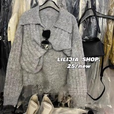 批发原版质量2025秋<b class='q'>冬</b>韩版百搭休闲翻领短裤两件时尚套装宽松针织衫女