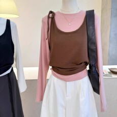 批发原版质量2025秋冬季<b class='q'>韩版</b>百搭两件套背心撞色打底衫上衣<b class='q'>长袖</b>t恤女