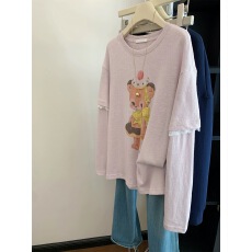 批发纯棉特<b class='q'>大码</b>300斤<b class='q'>韩版</b>百搭休闲粉色小熊印花蕾丝花边长袖t恤女上衣