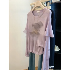 批发原版质量特大码300斤韩版百搭粉紫色休闲假两件长袖<b class='q'>T</b><b class='q'>恤</b>女春夏新款