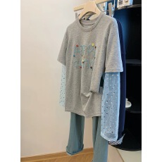 批发原版质量特大码300斤春夏韩版<b class='q'>网纱</b>拼接长袖t恤女假两件防晒衫<b class='q'>上衣</b>