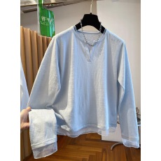 批发原版质量特大码300斤春夏新款韩版百搭高级感假两件蓝色长袖<b class='q'>t</b><b class='q'>恤</b>女