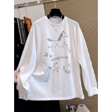 批发雪花棉大码300斤今年流行小马印花T恤长袖<b class='q'>宽松</b>防晒上衣女夏<b class='q'>打底衫</b>