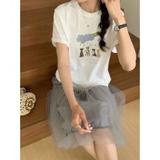 批发韩国东大门可爱下雨小狗印花短袖T恤白色宽松圆领纯棉半袖上衣夏