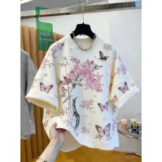 批发原版面料特大码300斤韩版百搭休闲洋气<b class='q'>花朵</b>蝴蝶结<b class='q'>T</b><b class='q'>恤</b>重工上衣女夏