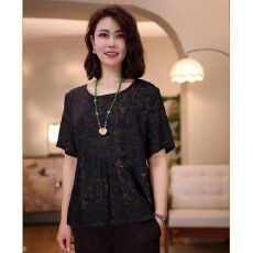 批发桑蚕丝圆领t恤春夏女新款短袖<b class='q'>妈妈装</b>宽松遮肚上衣黑金兽痕