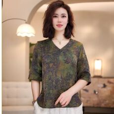 批发V领春夏女新款短袖<b class='q'>妈妈装</b>宽松遮肚上衣林间拾色