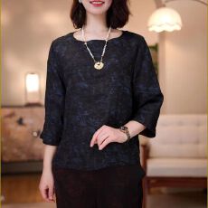 批发桑蚕丝圆领t恤春夏女新款短袖<b class='q'>妈妈装</b>宽松遮肚上衣蓝色竹林