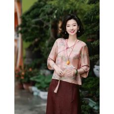 批发游园惊梦桑蚕丝斜襟<b class='q'>衬衫</b>新中式<b class='q'>真丝</b>粉色上衣女